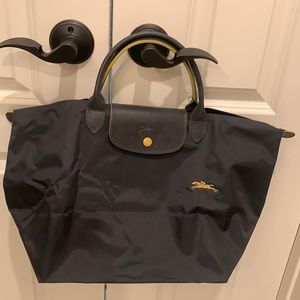 LONGCHAMP Le Pliage Medium Short
Handle Nylon Tote, Dark Gray Yellow